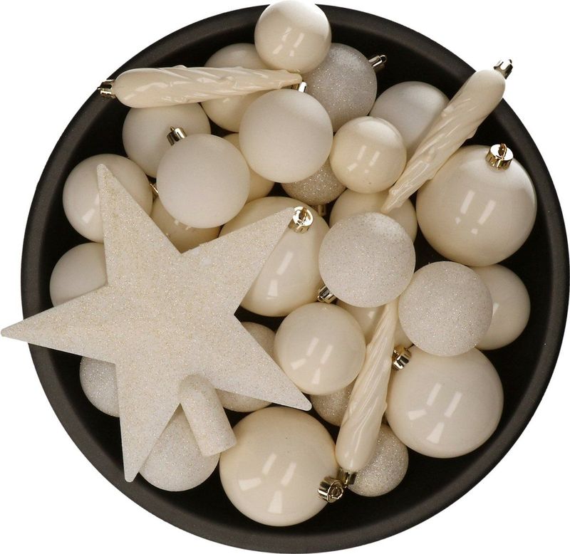 Decoris - 34-delige Kerstversiering - Wol Wit - Kunststof
