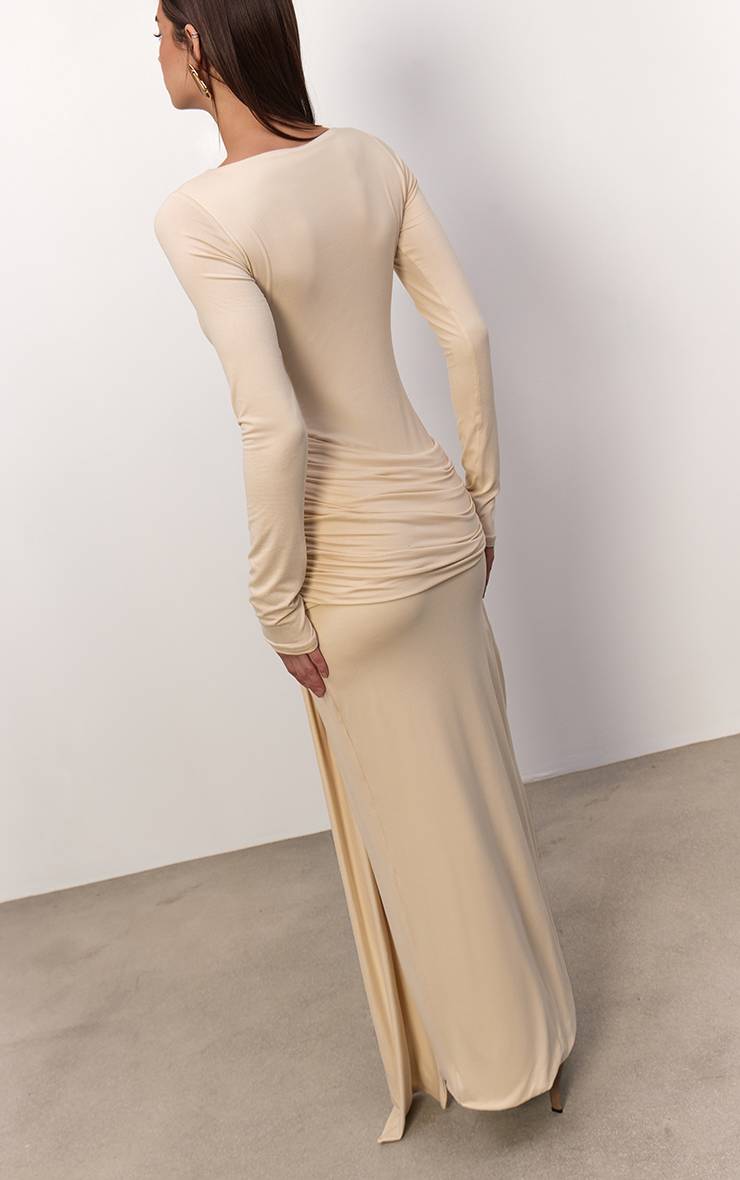 Crème Robe Longue Drapée À Encolure Bateau En Tissu Doux Au Toucher
