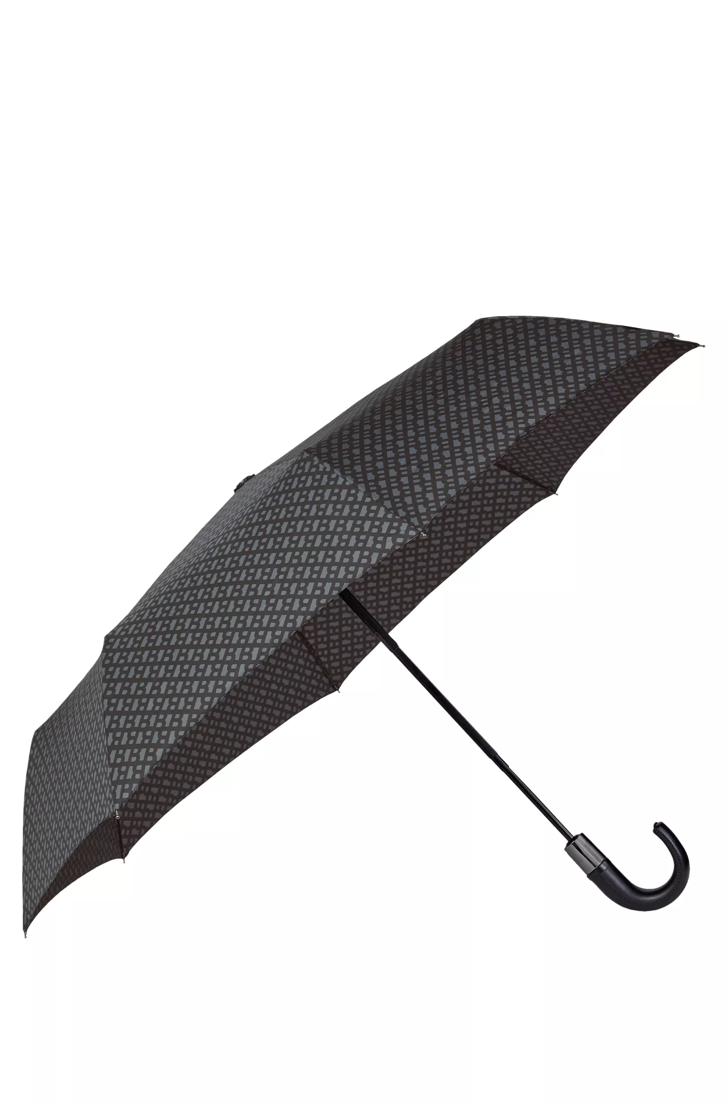 Guarda-chuva BOSS preto com estampa de monograma cinza-escuro e alça com logotipo.