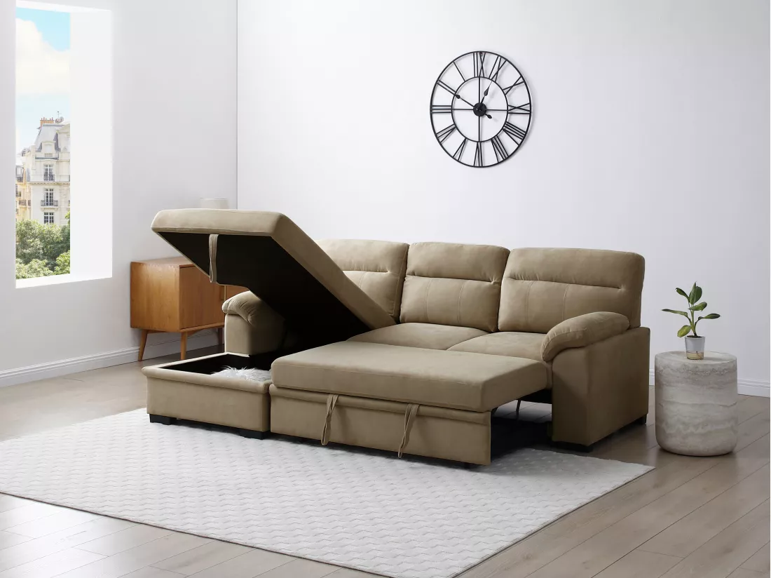 Canapé d'angle gauche convertible en tissu beige ULENIO