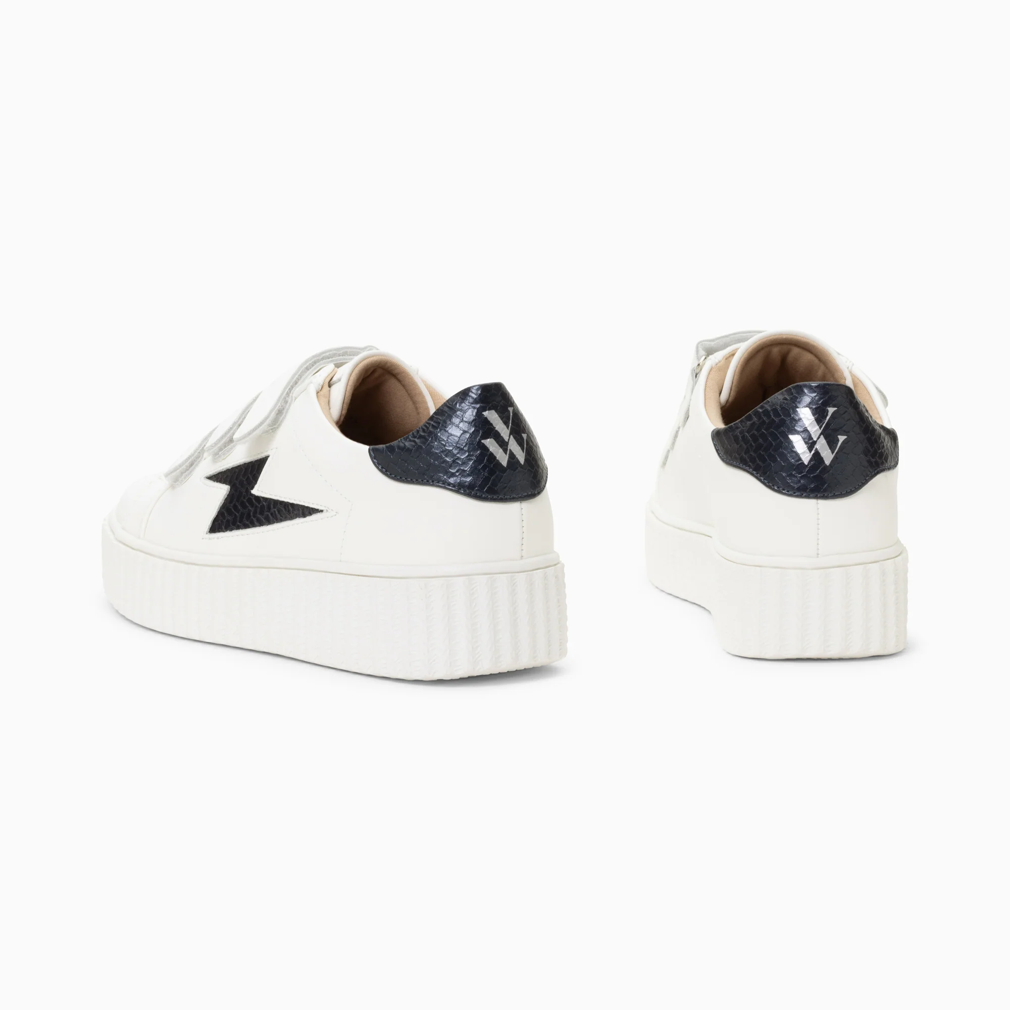 Sneakers-Baskets éclair Eva blanc et bleu marine serpent à scratchs