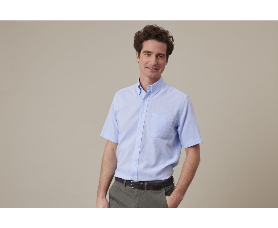 Chemise coton et lin Chambray Bleu - Poche poitrine - COLTEN MC