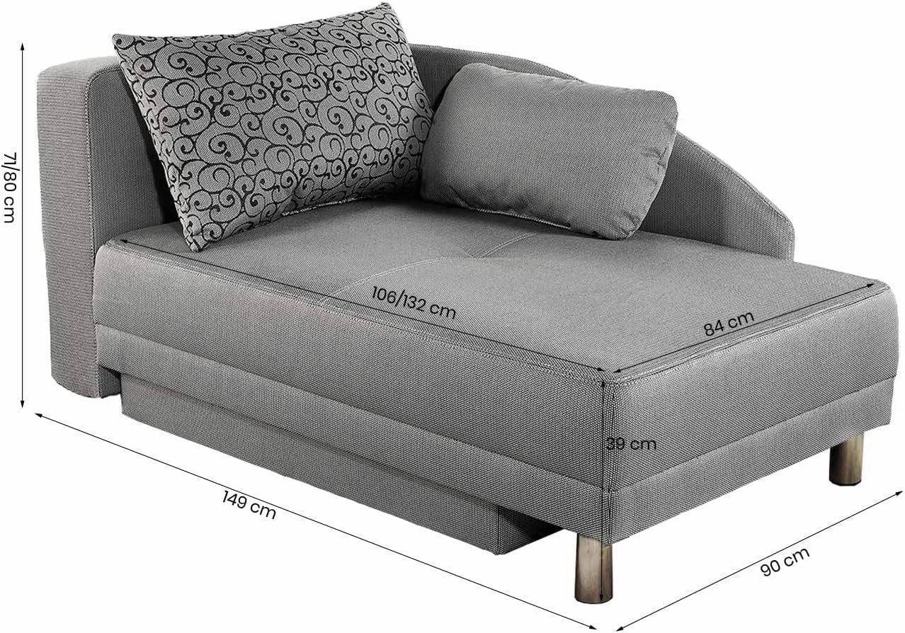 Stilvolle Recamiere mit Schlaffunktion und Bettkasten, B149/T90/H80 cm, Federkernpolsterung, ausziehbar zur Liegefläche von 200 x 84 cm, Stoff Flachgewebe in Hell Grau / 15122
