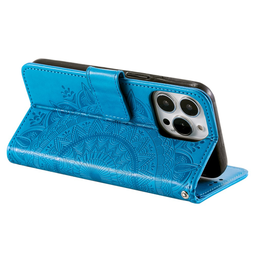 iPhone 15 Pro Max Leder Tasche Wallet - Mandala Flowers Imprint - Blau