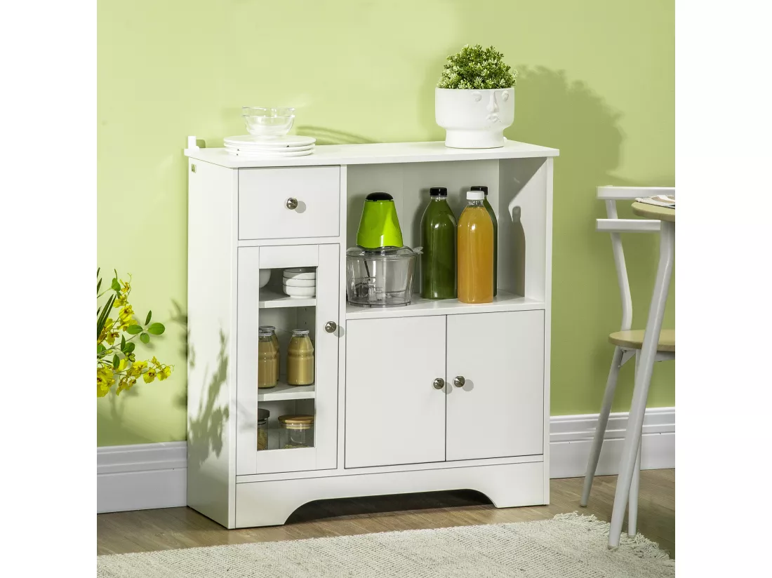 Buffet de cuisine meuble de rangement moderne avec porte en verre, tiroir, grande niche et étagères réglables, 80 x 30 x 82 cm, blanc