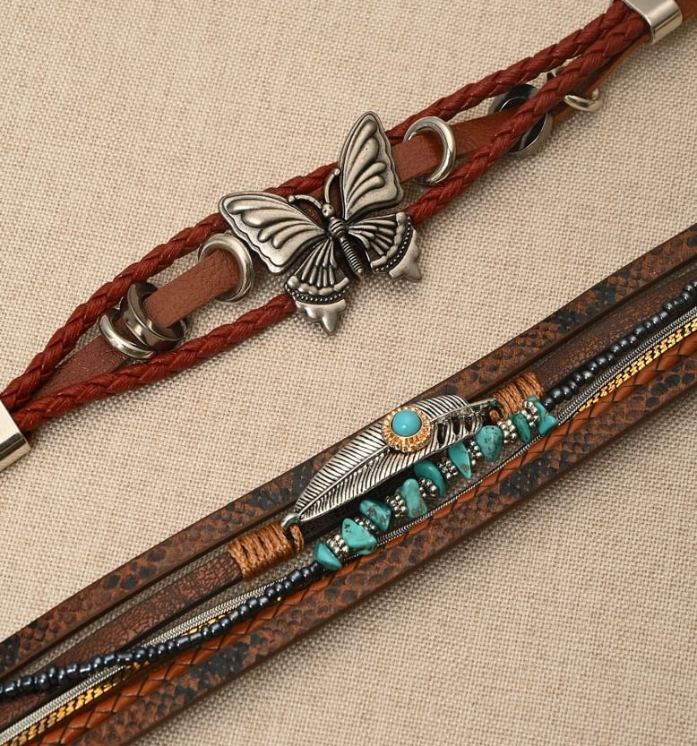 Lilafey - Vlinder / Turquoise / Legering Kunstleren Gelaagde Armband (Diverse Ontwerpen)