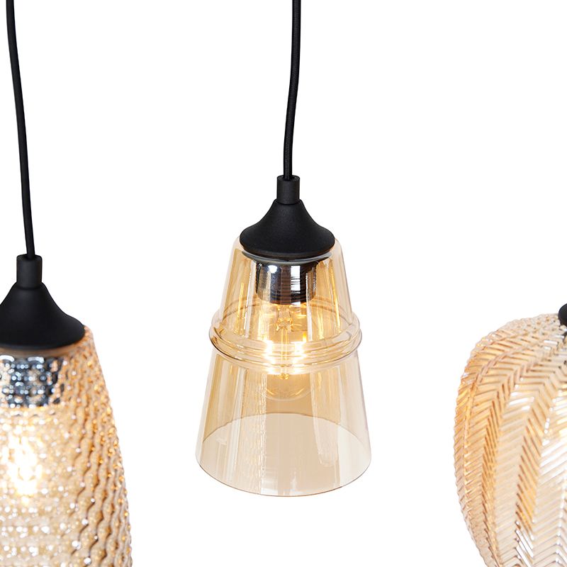 Art deco hanglamp zwart met amber glas 8-lichts - Hanne