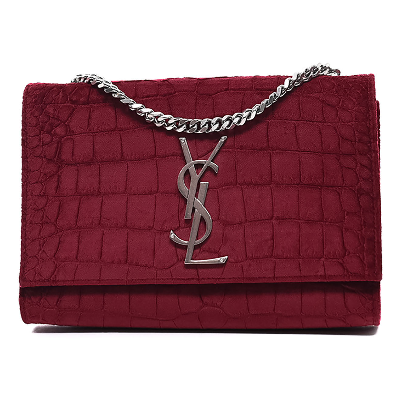 Saint Laurent Sac bandoulière Wallet on Chain Sunset en Velours embossé croco bordeaux - Très bon état - L.20 cm