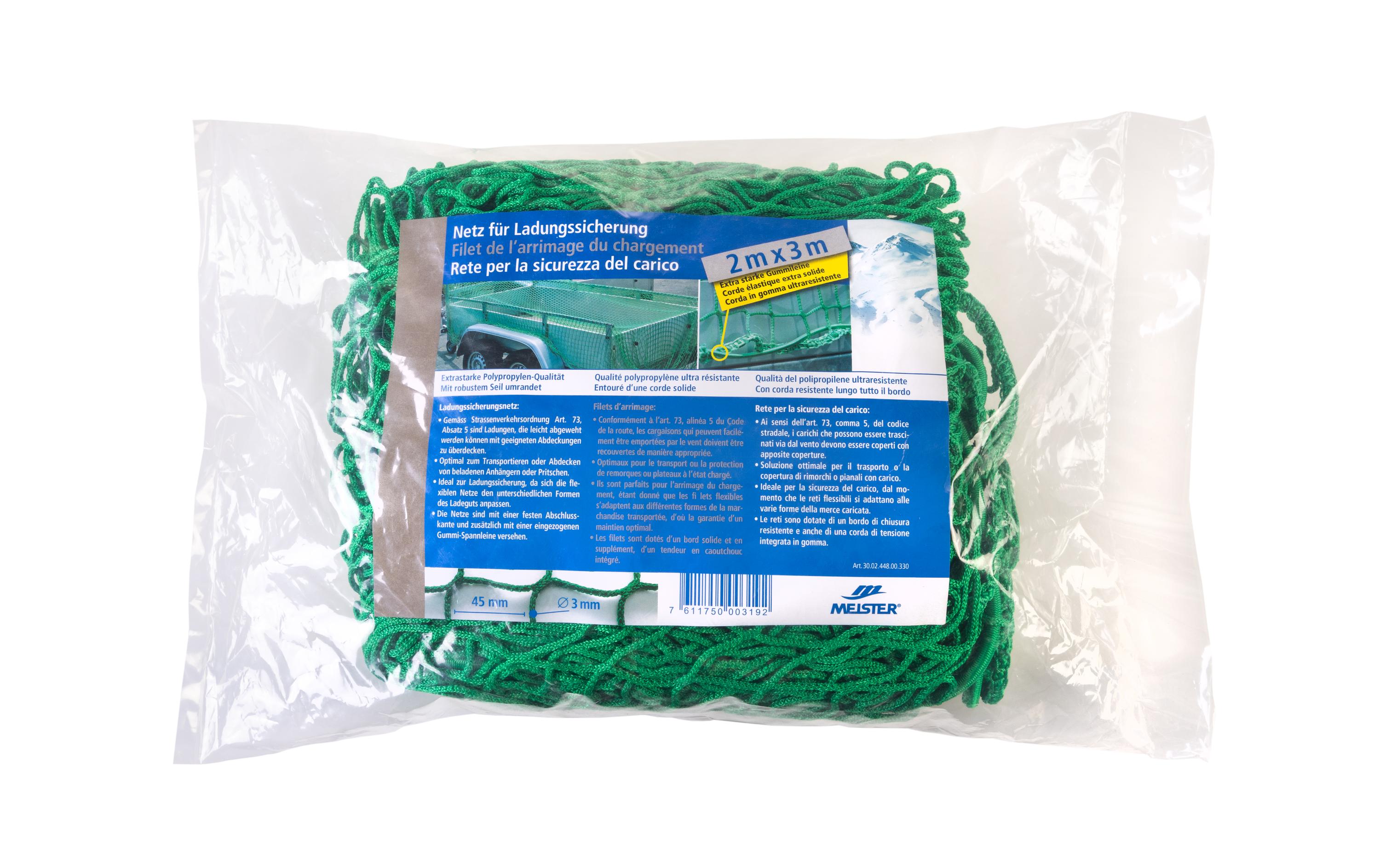 Anhängernetz knotenlos, Ø 3 mm / 2 x 3 m, GrünNetz zur Ladungssicherung mit elastischem Seil