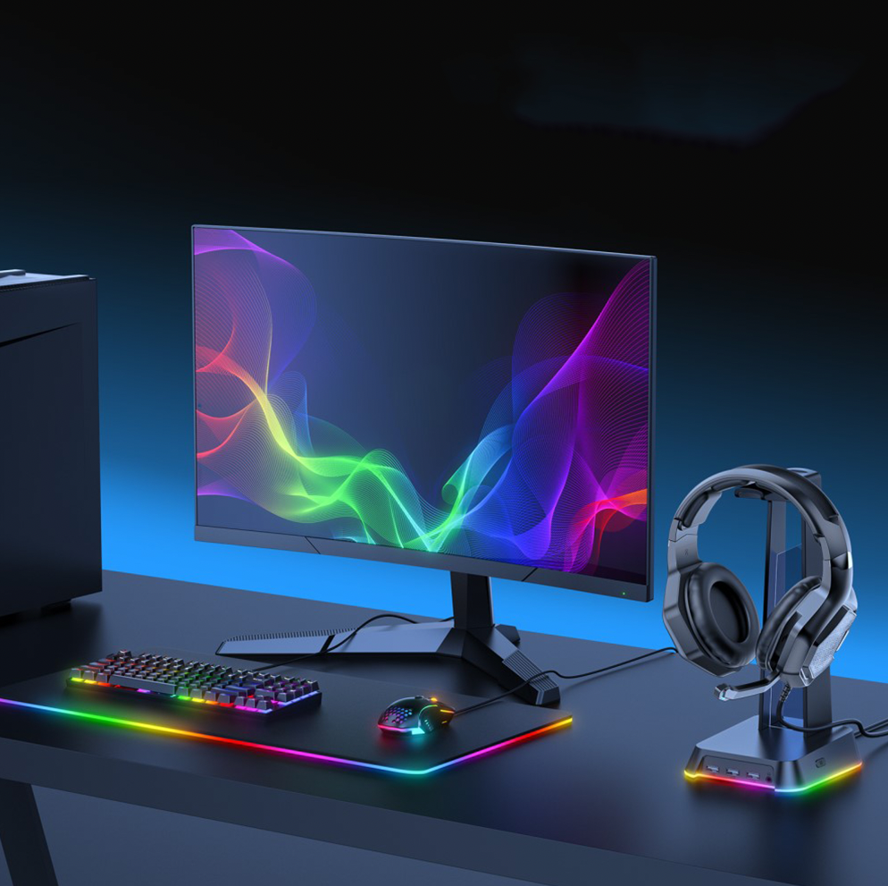 Gaming Kopfhörer Halterung Ständer für Over-Ear Headset mit 3x USB A / 3.5mm Klinke Anschluss   RGB Beleuchtung - Schwarz
