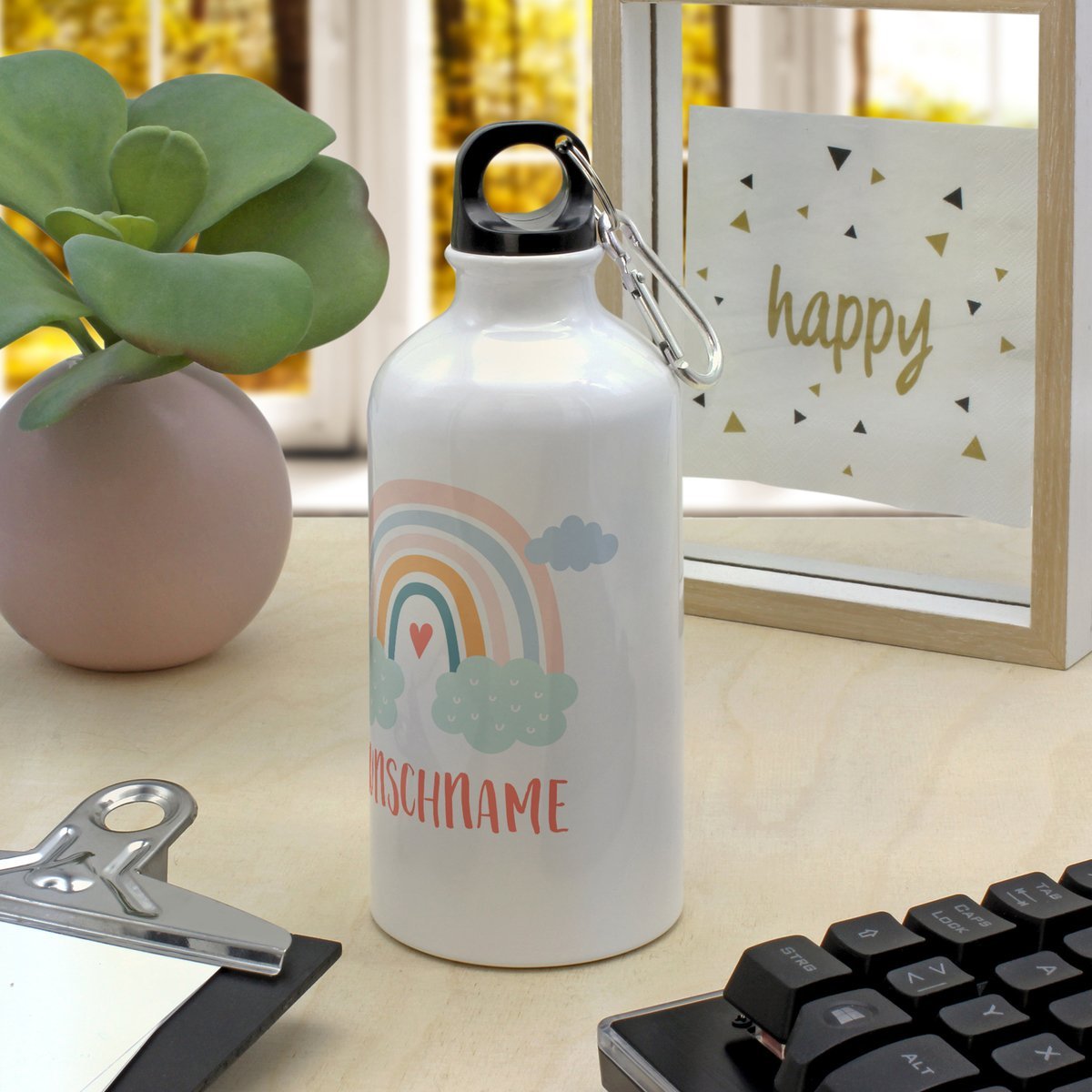 Alu-Trinkflasche mit Namen, 500 ml, weiß (Motiv: Rainbow)