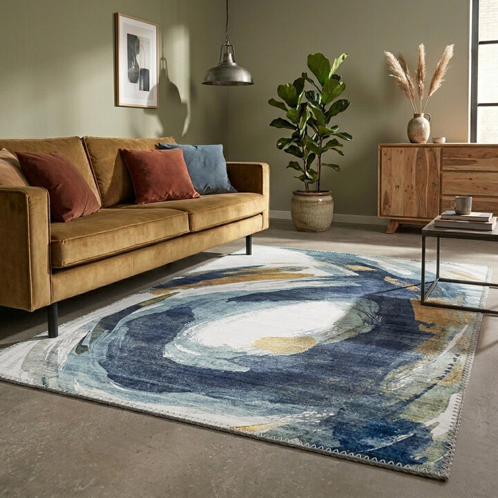 Modern vloerkleed - Strong Brush Blauw/Geel | Stijlvol