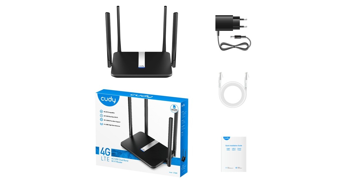 CudyAC1200 Wi-Fi Mesh 4G LTE Cat4 Router  (Zwart, Cudy Mesh, Cudy App, nano SIM-slot)