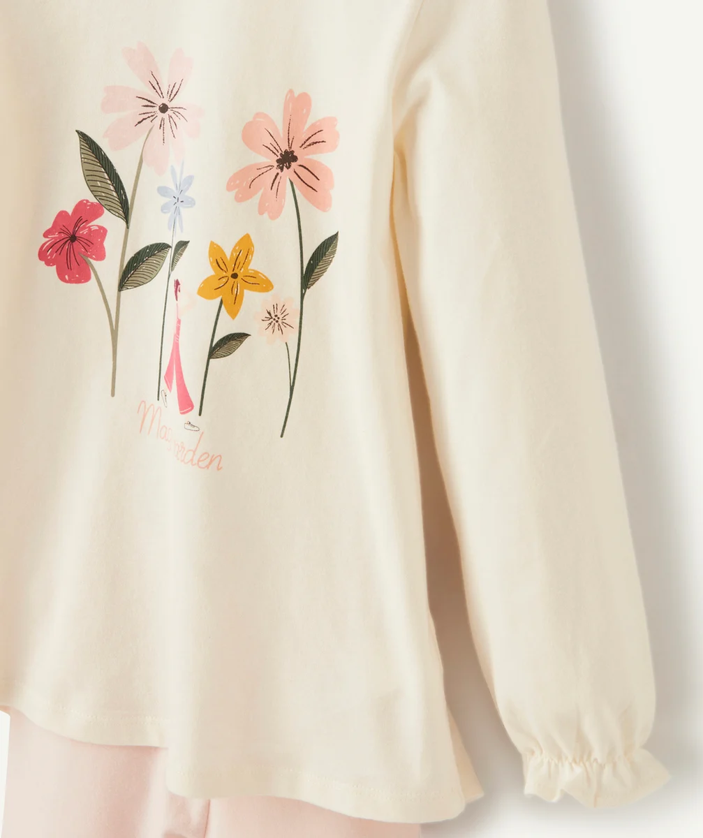 PYJAMA FILLE EN COTON ROSE PÂLE ET ÉCRU AVEC FLEURS