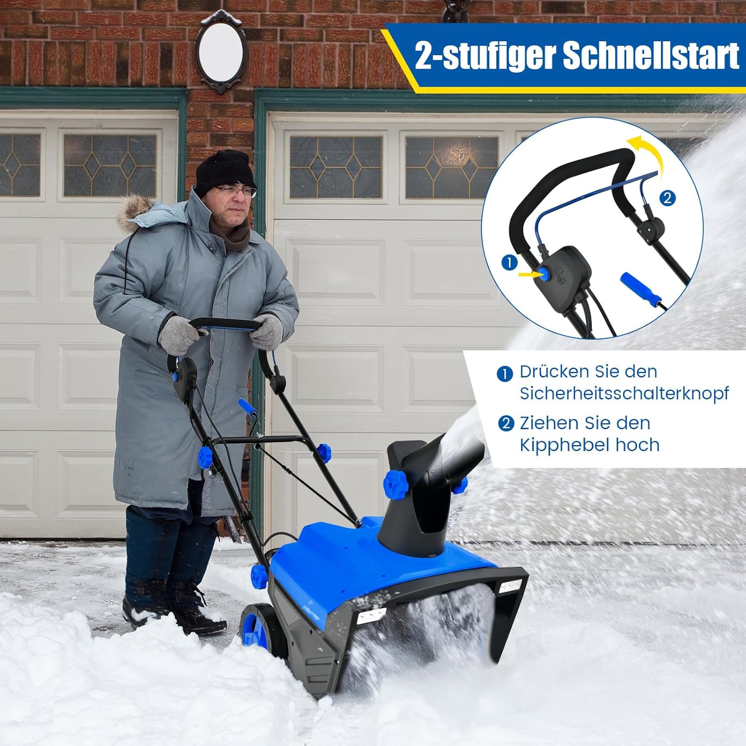 COSTWAY Elektro-Schneefräse 2300W mit LED-Leuchten & 15 A Motor, 50 cm Arbeitsbreite, 25 cm Arbeitshöhe, kabelgebundene Räumungsmaschine mit 180° drehbarer Rutsche & 9 m Wurfweite (Blau)