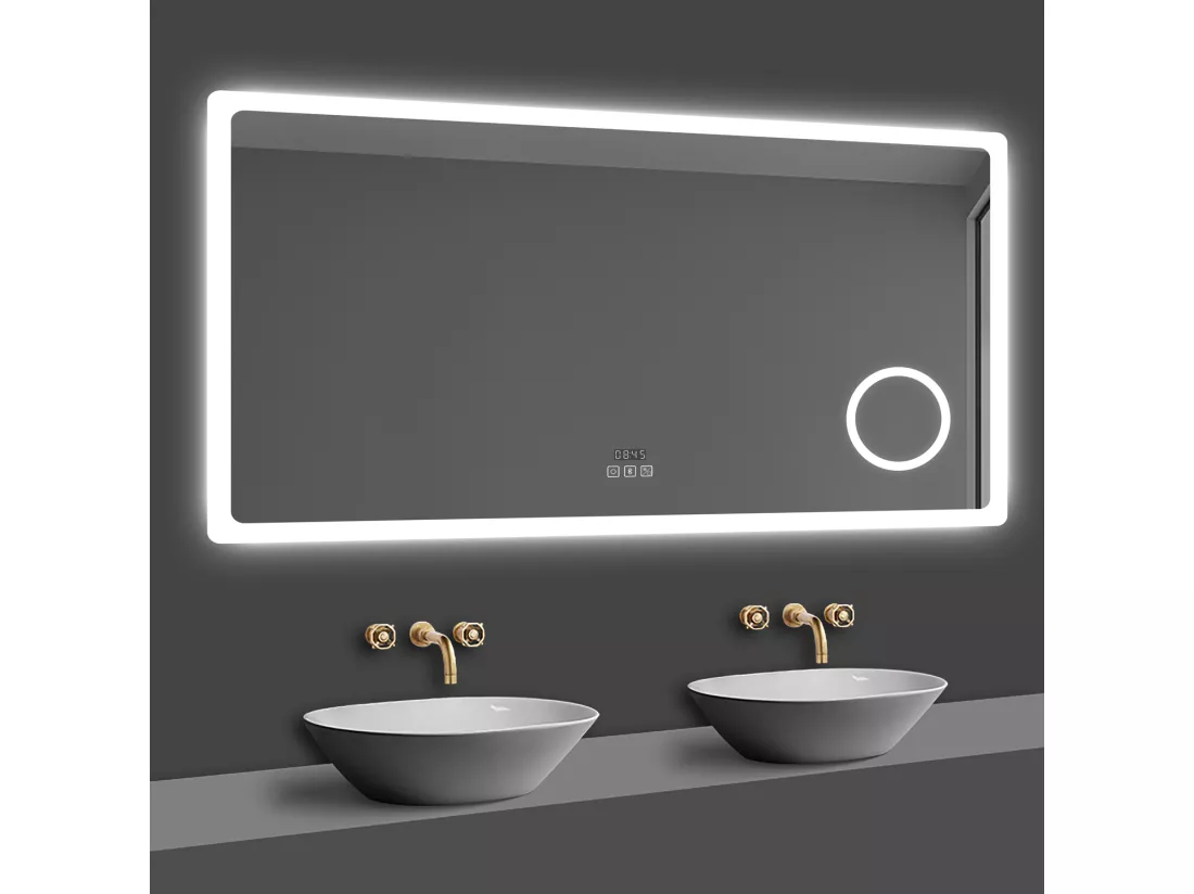 Aica Miroir Salle de Bain LED avec Bluetooth, Mural Miroir avec Horloge + 3 Couleurs + Dimmable + Anti-buée + Grossissant 3x -100 x 60cm