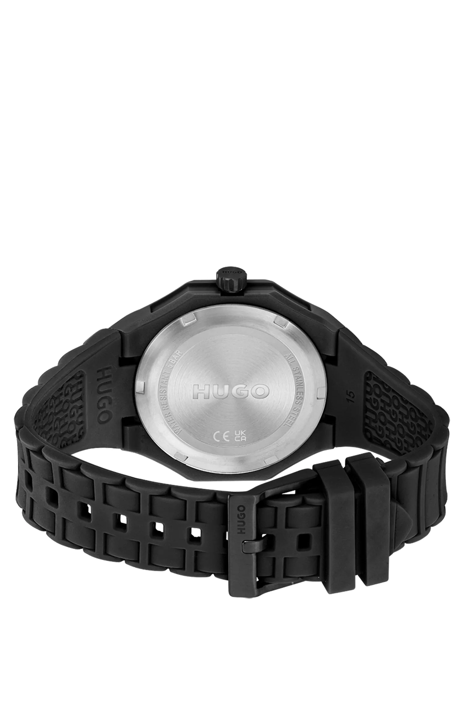 Relógio HUGO vermelho e preto com pulseira de silicone e mostrador com logotipos sobrepostos.