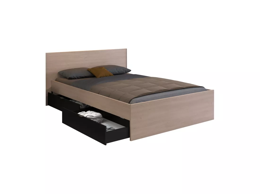 Lit avec 2 tiroirs 140 x 190 cm - Coloris : Naturel et noir - VELONA