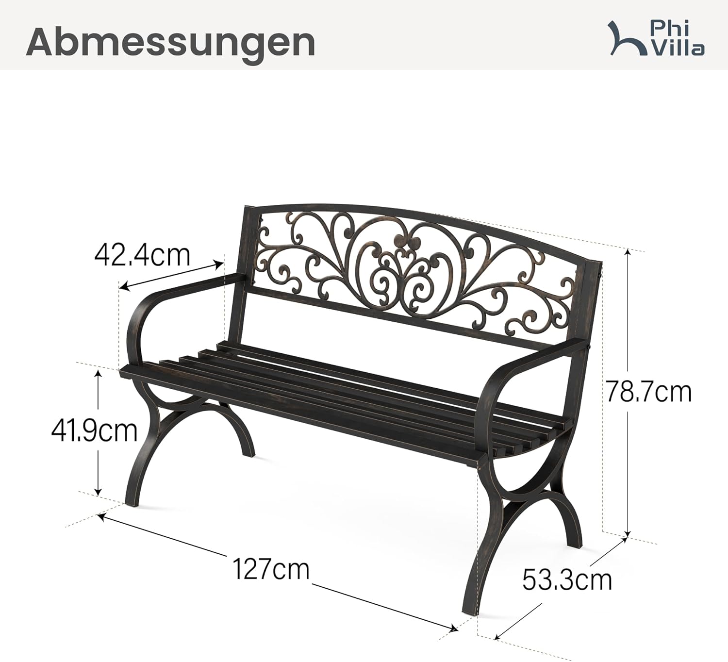 PHI VILLA Gartenbank Metall Rückenlehne aus Gusseisen Stahlrahmen 2-3 Sitzer Bank Outdoor mit Floralem Design für Park, Garten und Terrasse Bronze