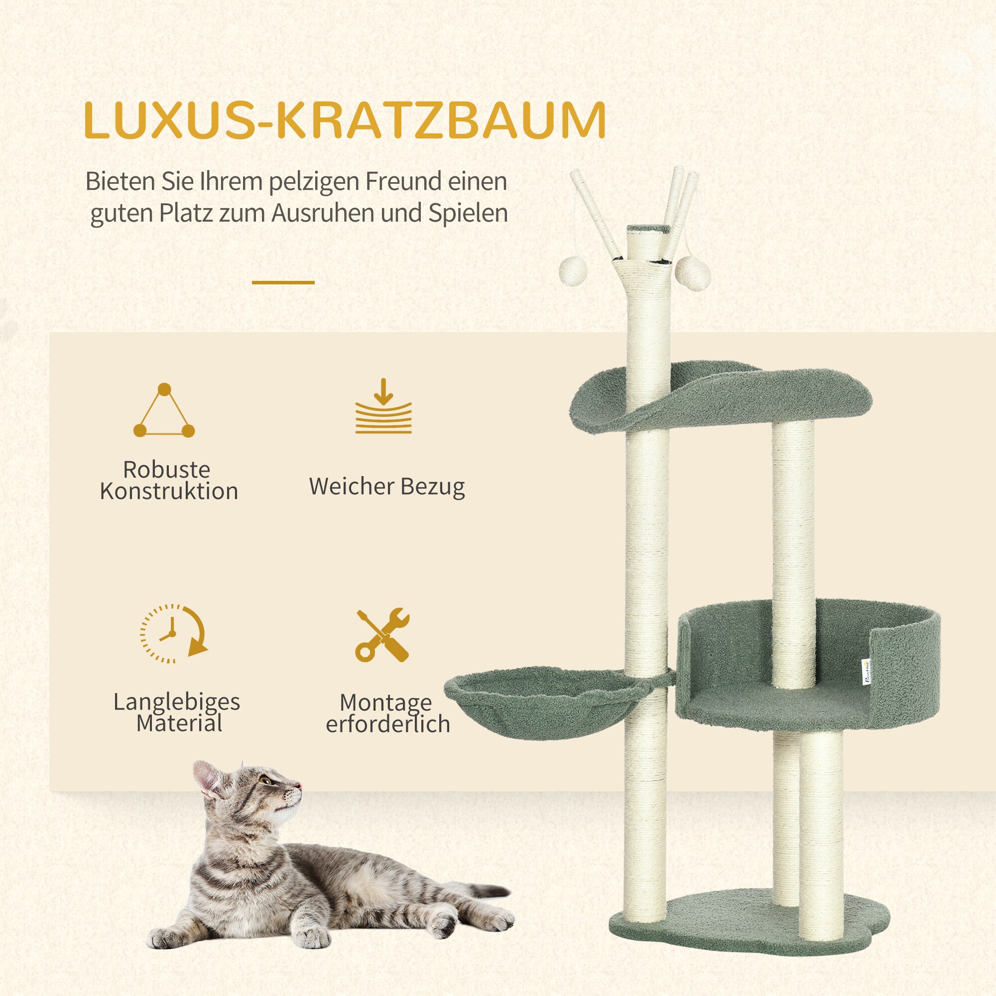 PawHut Kratzbaum mit 3 Spielbällen grau, natur 44L x 43B x 123H cm