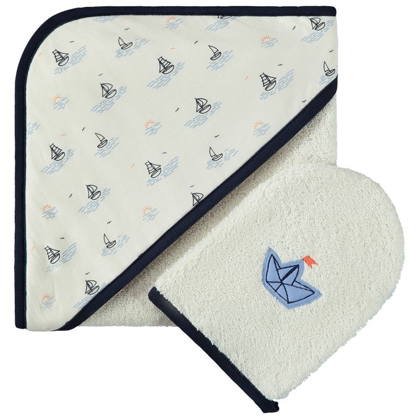 Set de bain cape + gant de toilette voiliers pour bébé garçon - Ecru