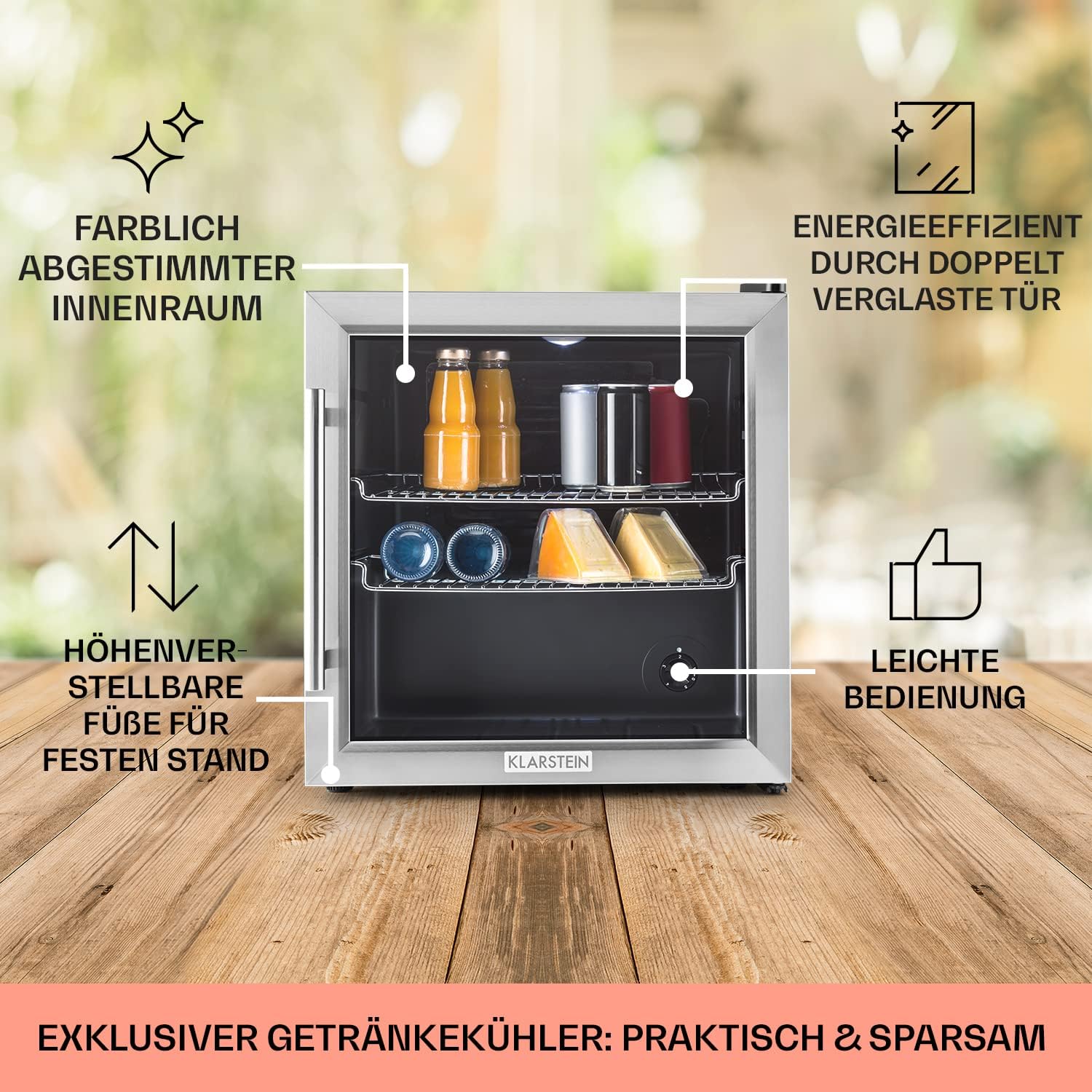 Klarstein Getränkekühlschrank, Kühlschrank Klein mit 2 Ablagen, Minikühlschrank Lautlos für Büro Camping Outdoor mit Glastür, Mini Fridge 3-10°C, Bierkühlschrank 47L, Silber/Schwarz