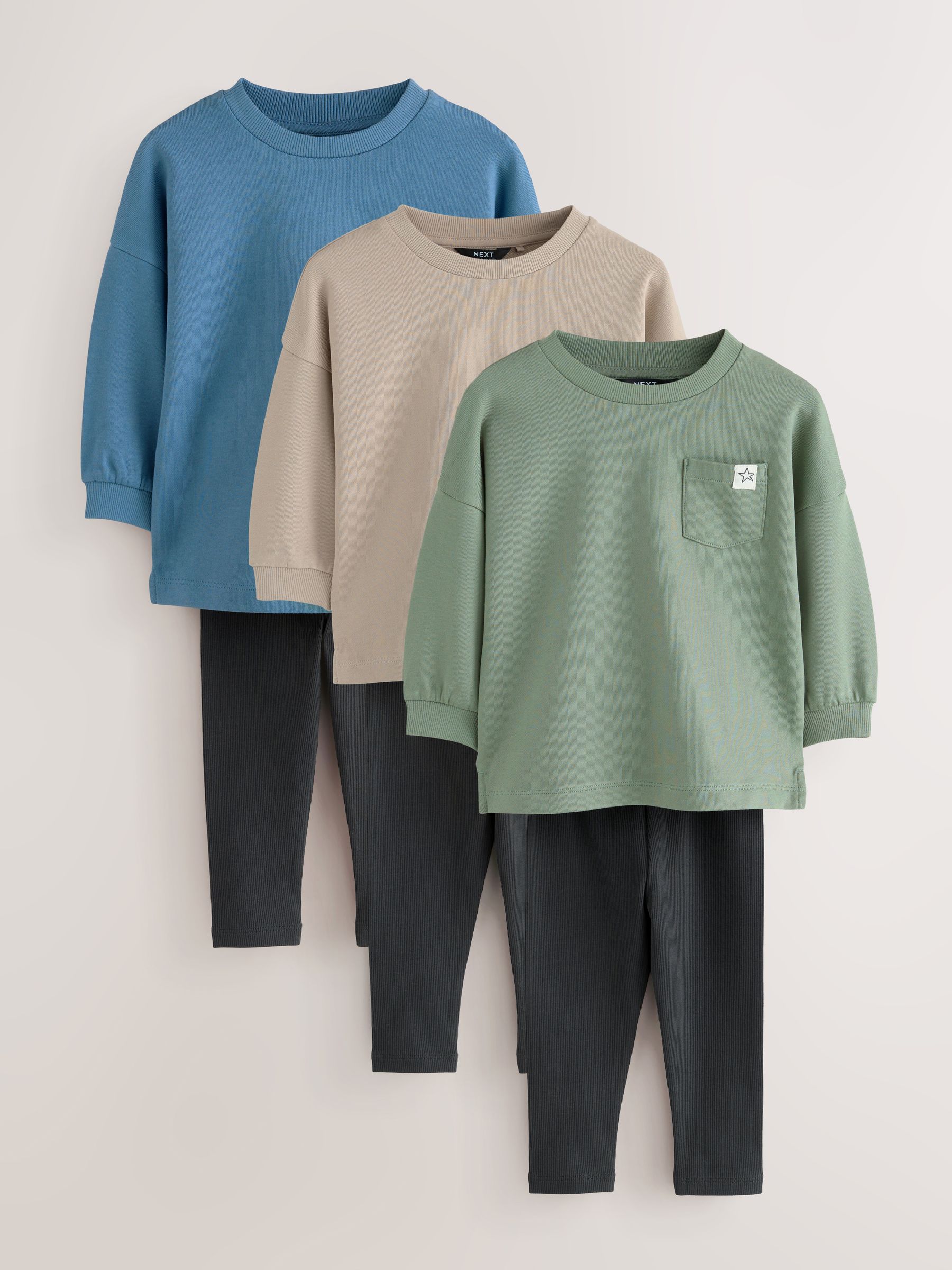 Blauw/pastelgeel/groen - Set van 3 lange mouwen top en legging (3mnd -7jr)
