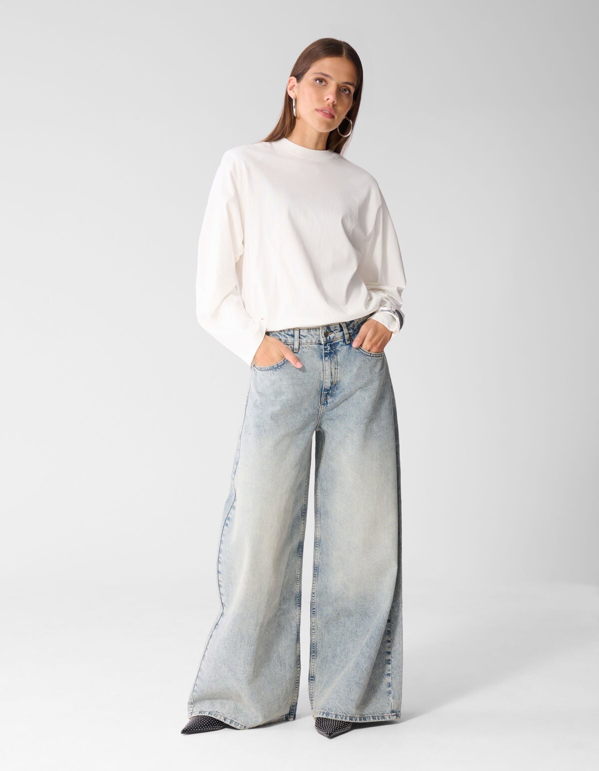Curved Wide Leg Fit Jeans Mediumstone