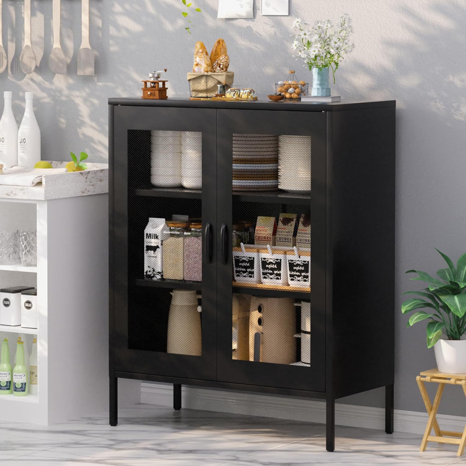 Metall-Speicherschrank mit Maschendrahttüren, Sideboard-Schrank mit 2 Türen und 2 verstellbaren Regalen, Mehrzweck-Schrank aus Stahl, 40B x 80T x 101,5H cm, Schwarz