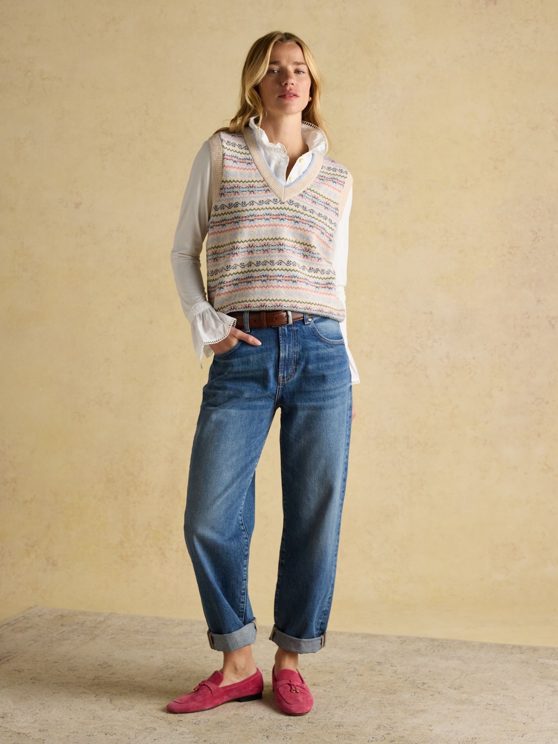 Crème - Joules Islay V Neck Fair Isle Cotton Rich Knitted Vest