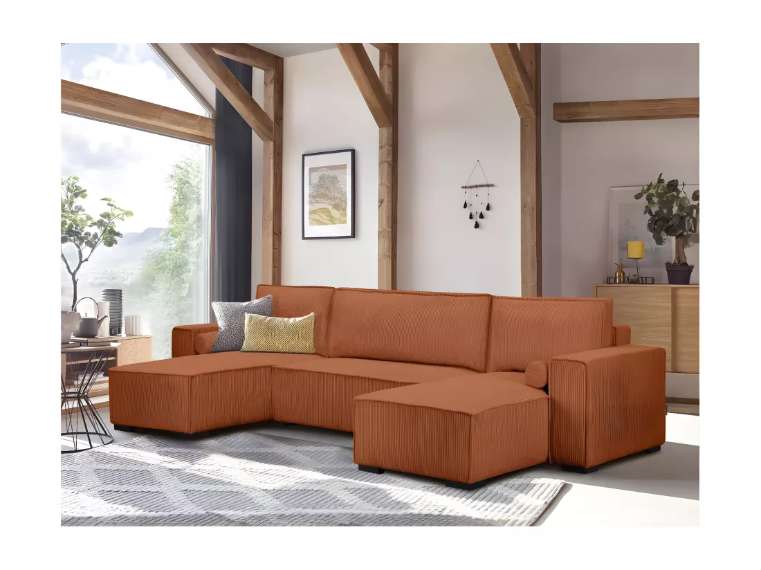 Canapé panoramique 5 places Clarence convertible avec coffre en velours côtelé - Terracotta - L322 x P161 x H87cm - Loungitude
