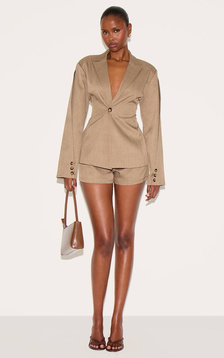 Light Brown Ensemble Coordonné Blazer Ajusté Tissé Avec Taille Cintrée