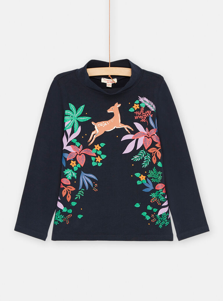 Sous-pull noirine à motifs fleurs et biche pour fille