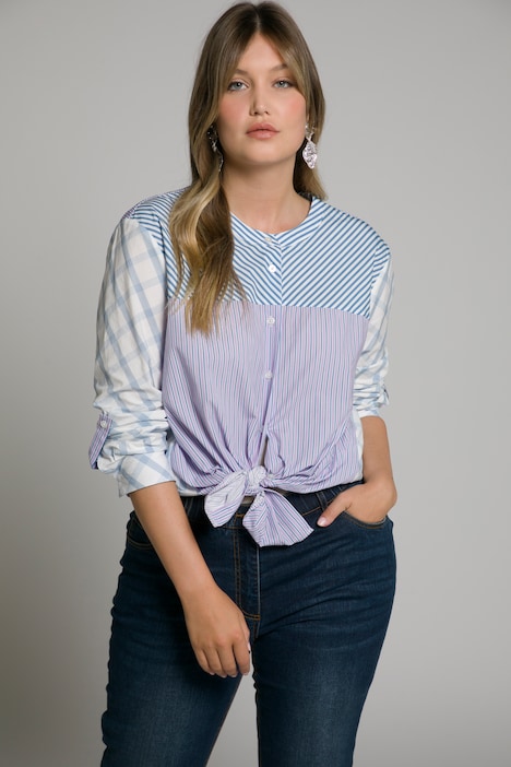 Bluse, Streifen, Oversized, Stehkragen, Langarm