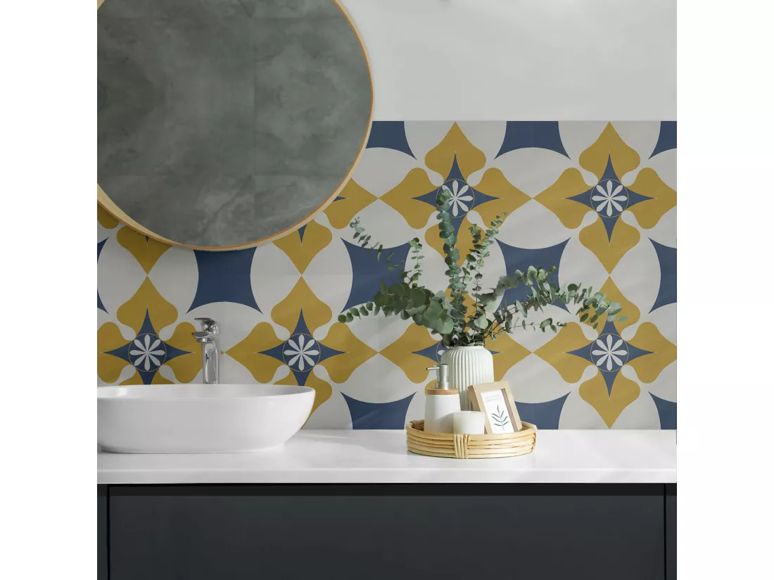 Carreaux autocollants PVC, Carrelage PVC adhésif - 9x30x30 - Motif floral avec symétrie