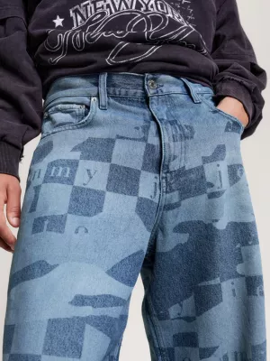Calça jeans de perna larga com detalhes a laser