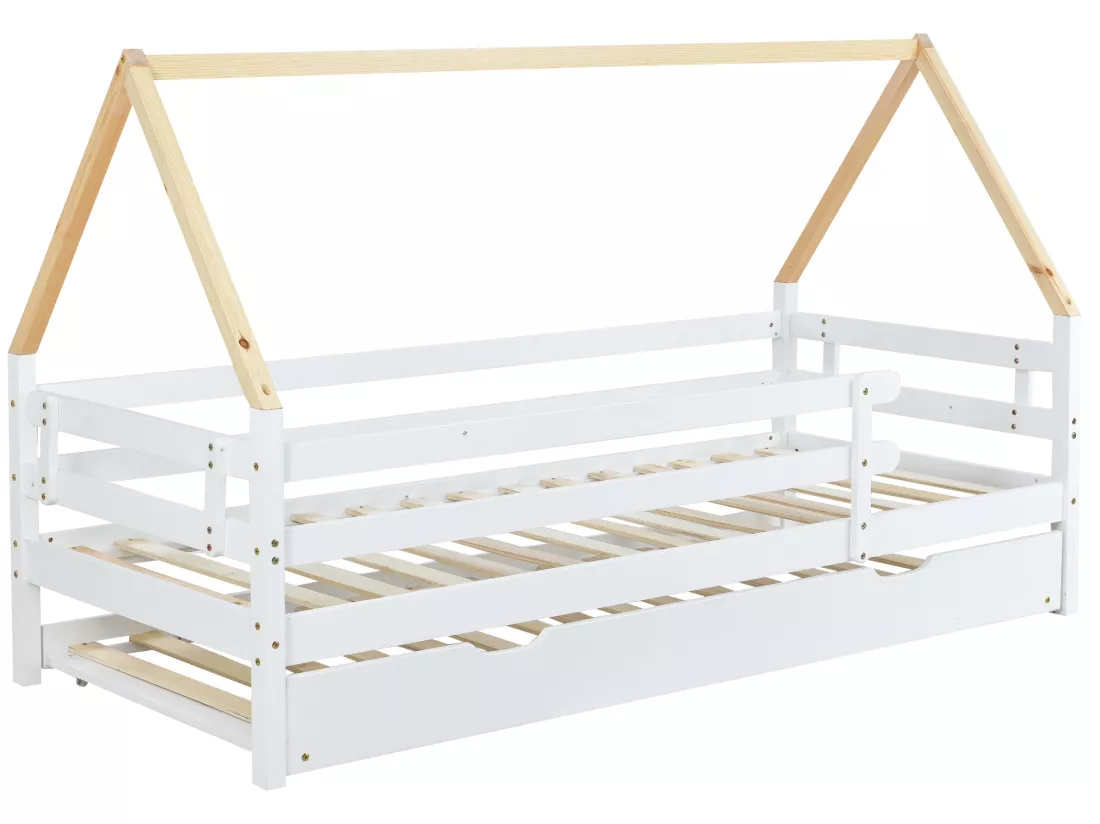 Lit gigogne 90x200cm avec sommier à lattes - lit cabane en bois massif - Blanc