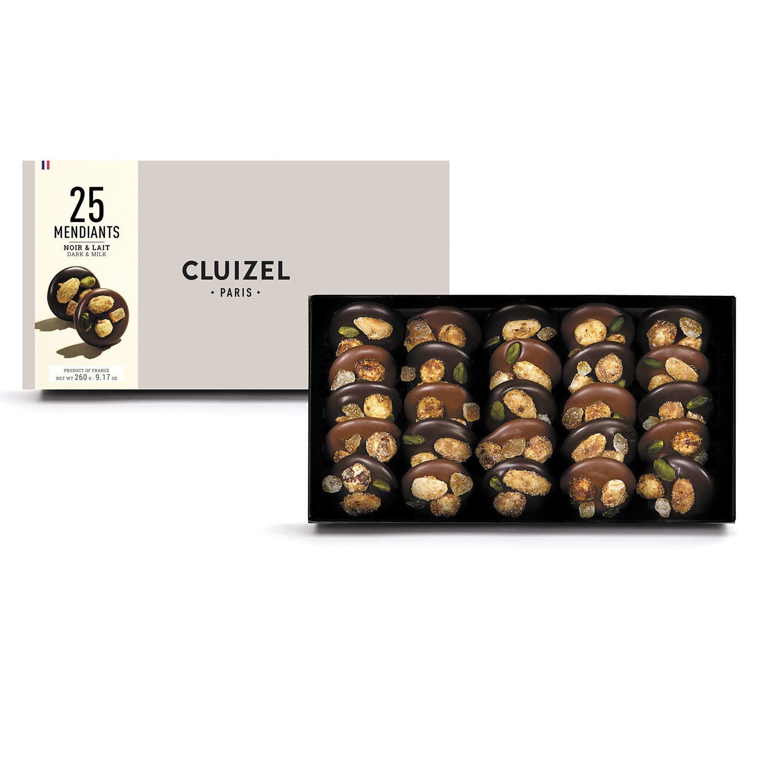 Coffret 25 mendiants chocolats lait et noir Cluizel