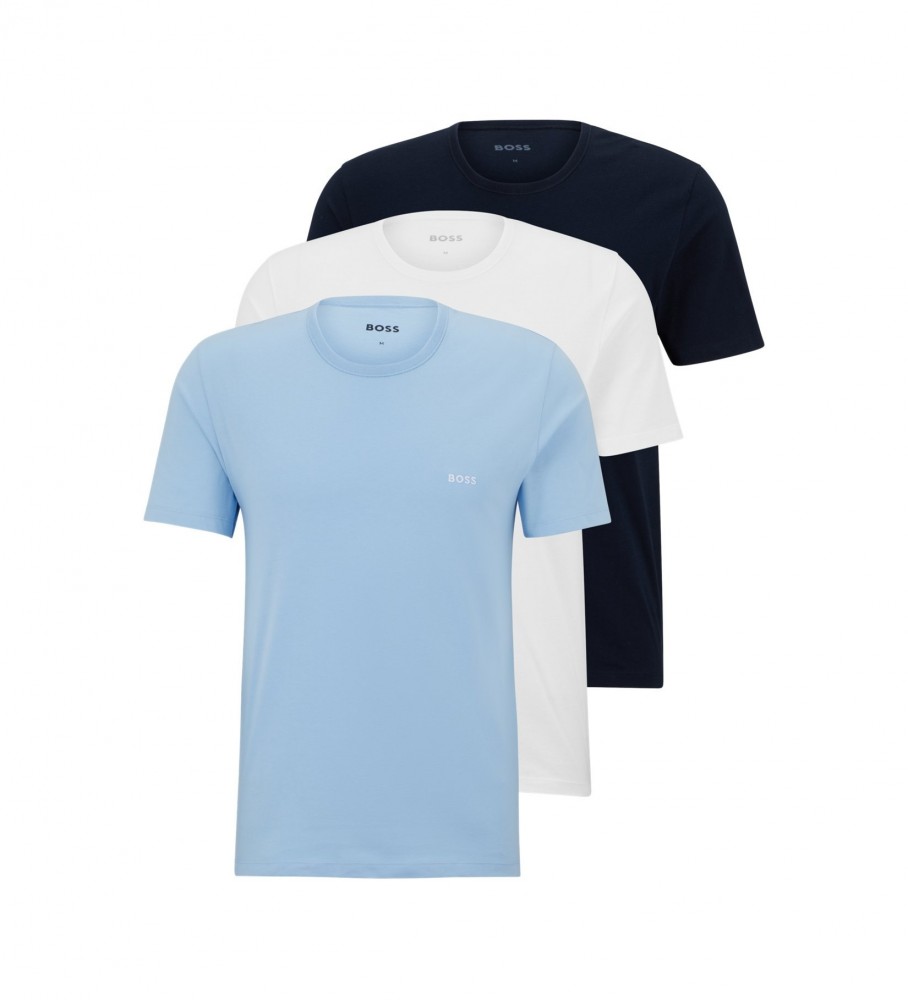 Conjunto de 3 camisetas com o logotipo da BOSS nas cores azul, branca e azul-marinho.