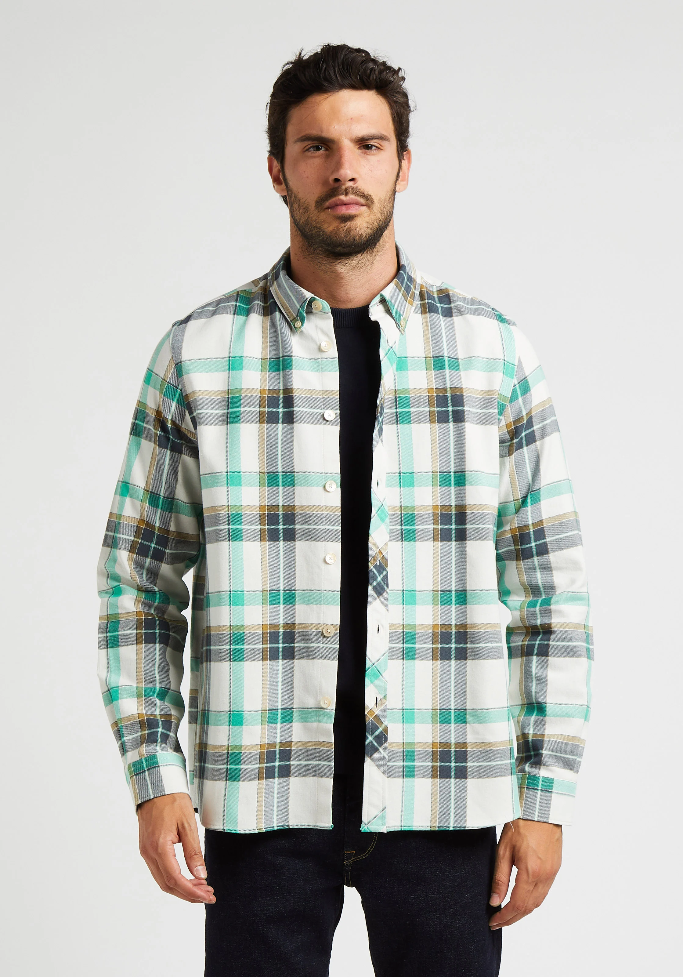 Chemise droite col italien en coton mélangé | Blanc