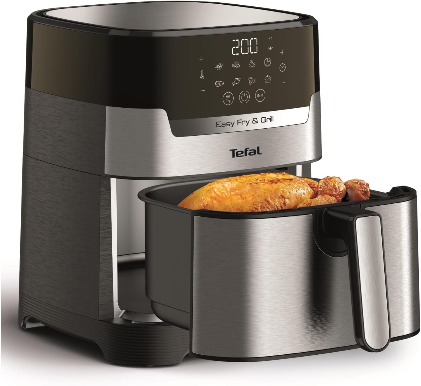 Tefal Easy Fry & Grill Heißluftfritteuse, 2-in-1 Technologie Air Fryer und Grill, Digitales Display, 4,6 Liter für 6 Portionen, 8 Kochprogramme, energiesparend, ohne Öl, Edelstahl, XL Volumen, EY505D
