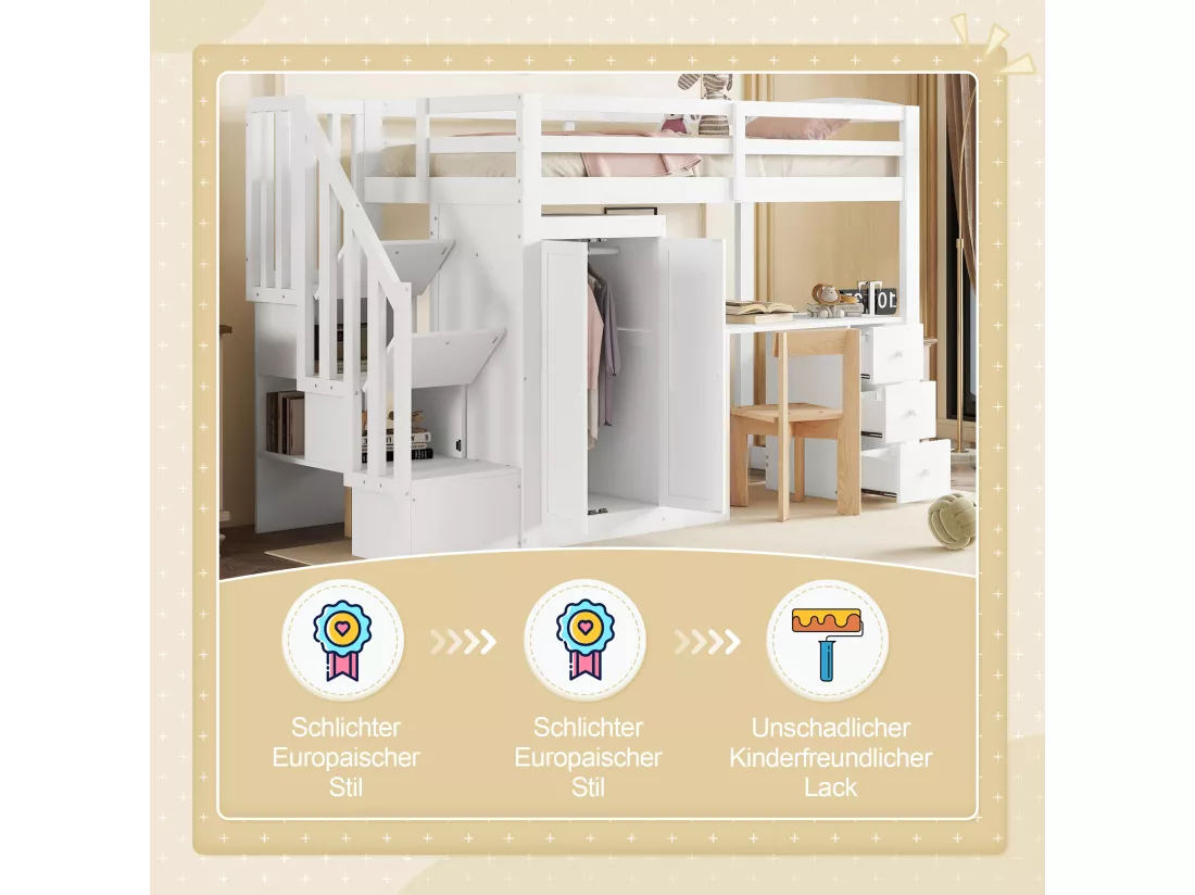Lit mezzanine 90 x 200 cm avec armoire, bureau, tiroirs et penderie - bois de pin + MDF - blanc (sans matelas)