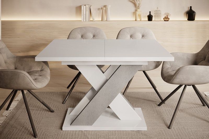 Meubella - Eetkamertafel Xandra - Wit hoogglans - Betonlook - 160 cm - Uitschuifbaar