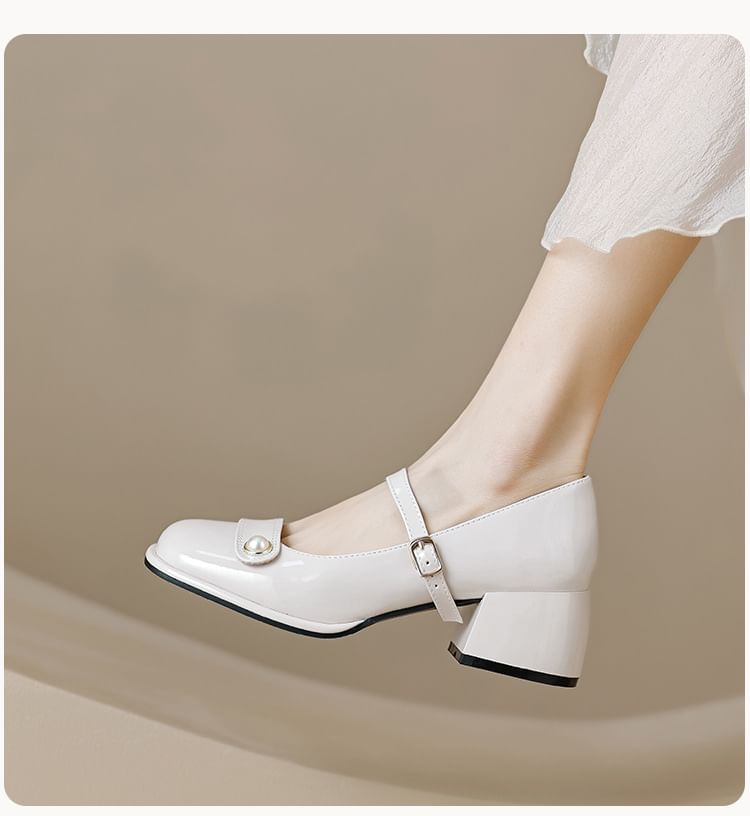 Aegina - Mary Jane pumps met vierkante neus, imitatieparels en blokhak