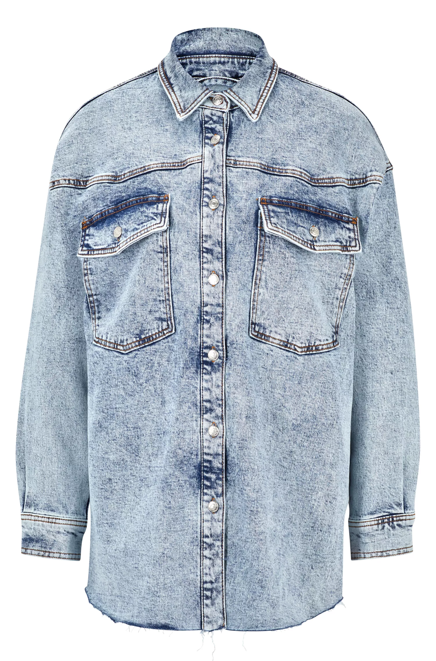 Camisa HUGO vermelha de corte relaxado em denim desbotado com bolsos aplicados.