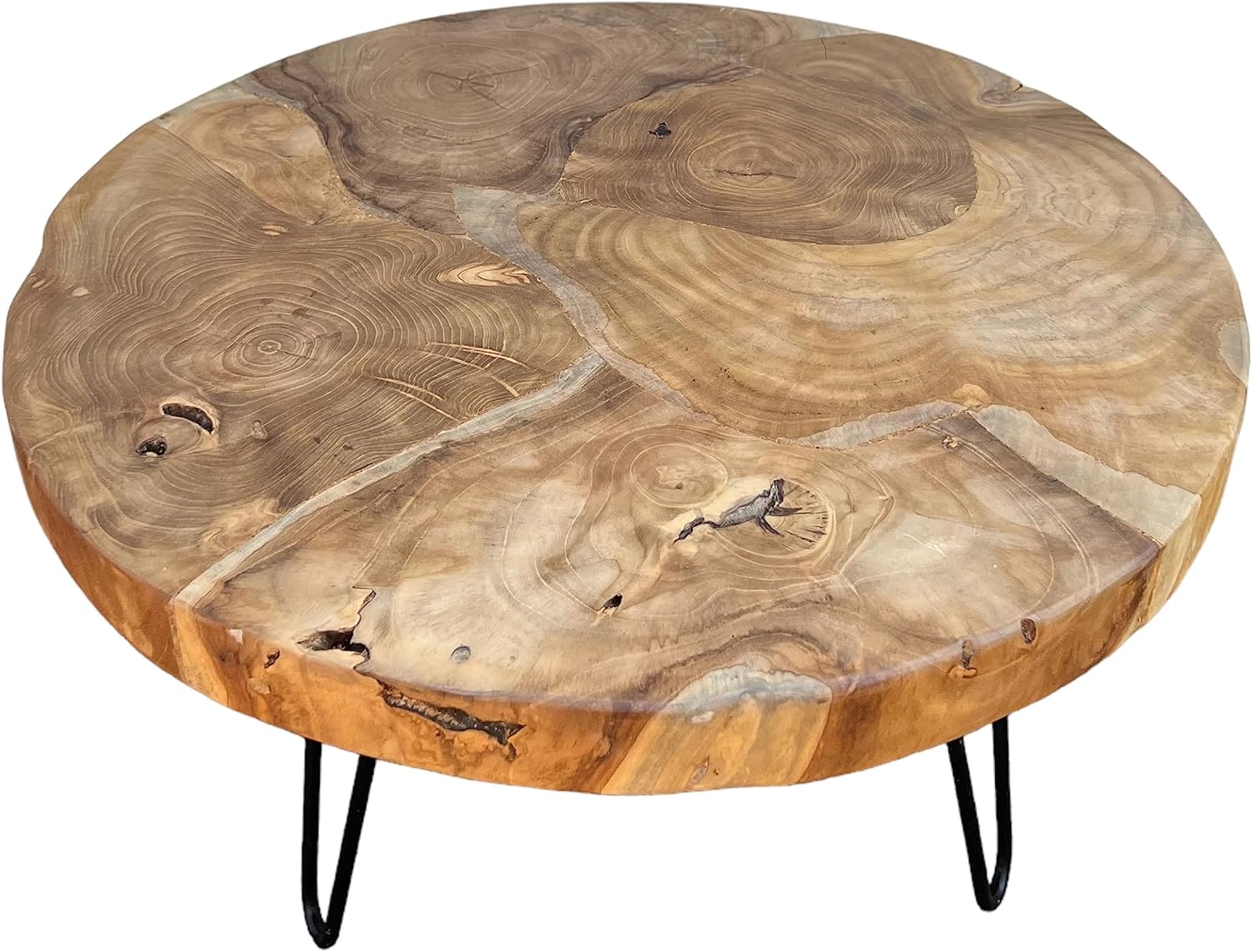Holz Couchtisch – Beistelltisch Kaffeetisch – Mit DREI Metallbeinen – Rund aus Teakholz – 60x60x43 cm