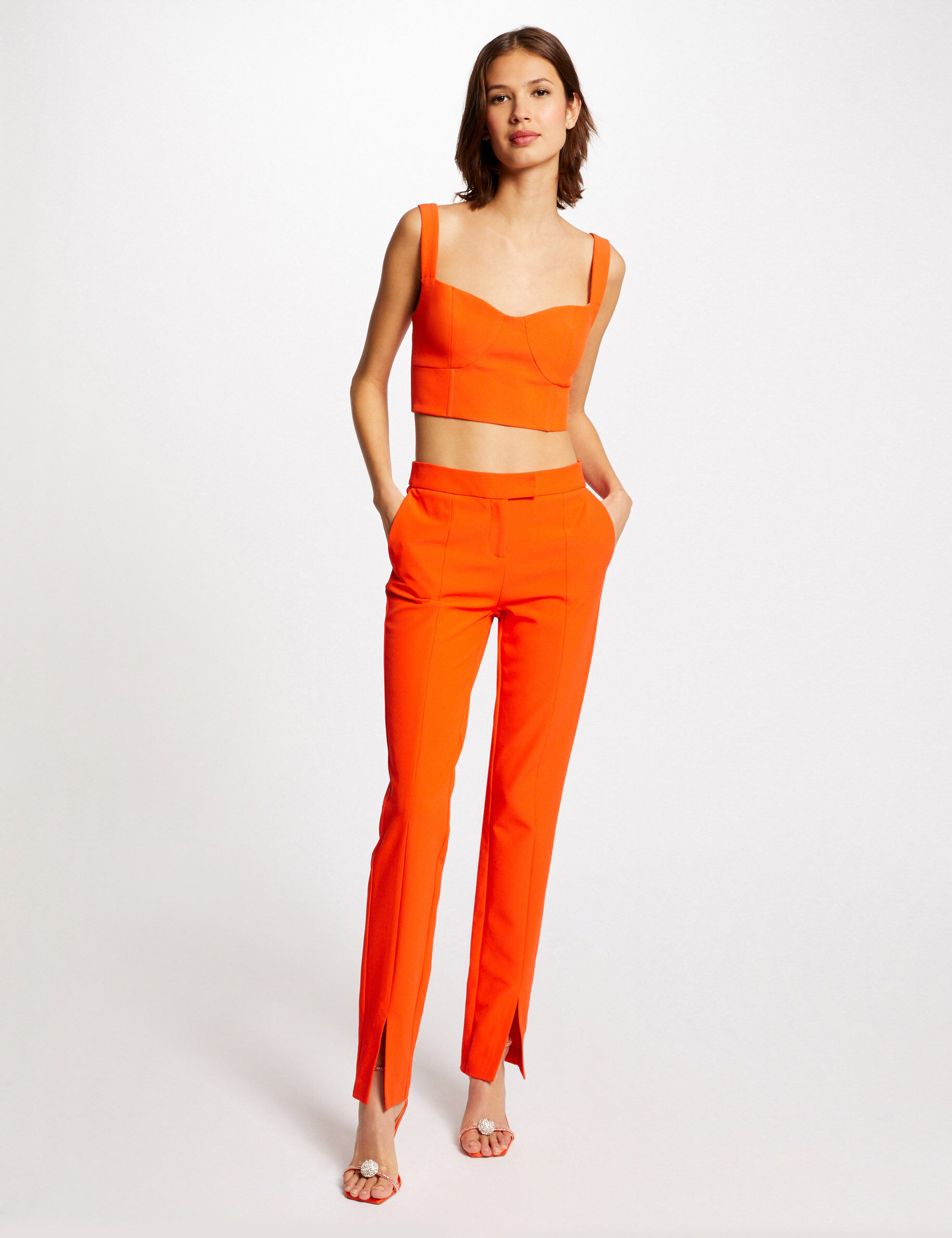Pantalon tailleur ajusté fendu orange femme - orange