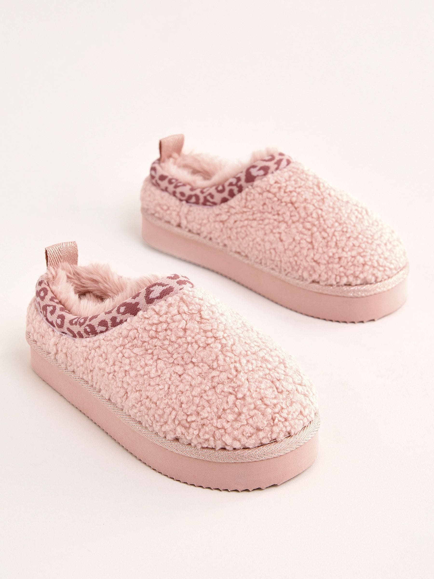 Roze - Lipsy EVA Leopard Print Trim Borg Fluffy Slip On Clog Slippers