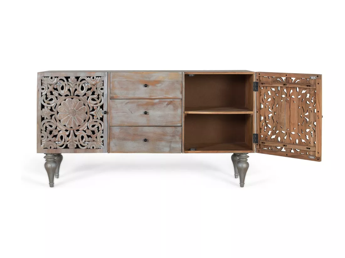 Buffet en bois de manguier avec deux portes latérales sculptées à la main