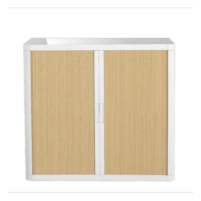 Armoire basse à rideaux EASY OFFICE - 110 x 104 x 41,5 cm - Corps et poignée blanc - Rideaux imitation hêtre